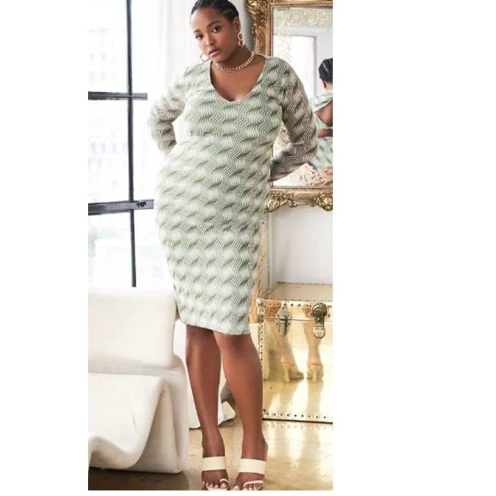 Eloquii Geometric Print Twist Back Bodicon Midi Dress Super Stretch Mesh‎ Knit